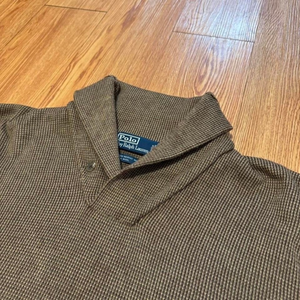 Polo Ralph Lauren Men's Wool Shawl Neck Sweater‎ Brown Herringbone Size XL